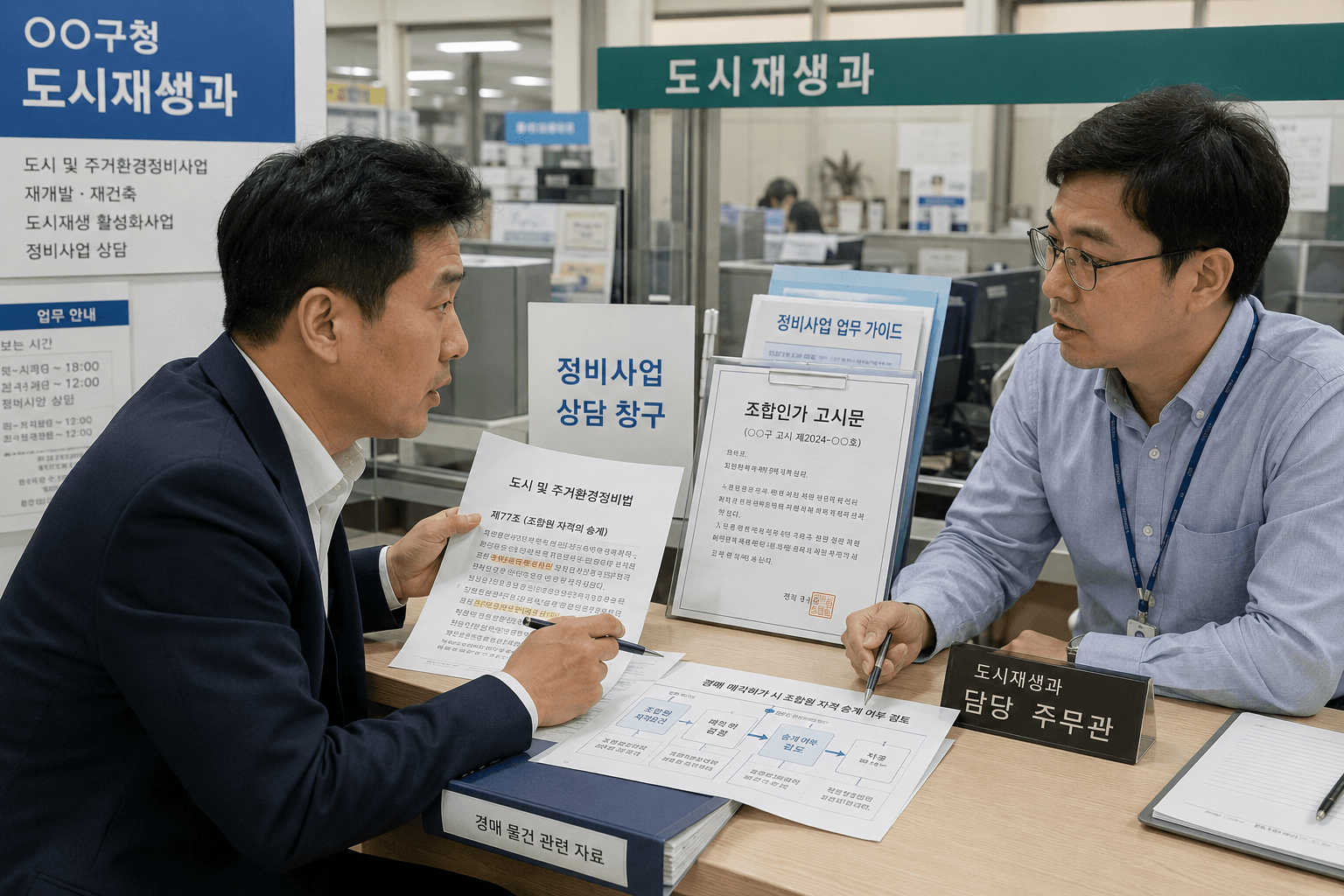 구청 도시재생과 창구 앞에서 도시 및 주거환경정비법 조항 인쇄물과 조합인가 고시문을 대조하며 경매 물건의 매각 허가 시 조합원 자격 승계 여부에 대해 담당 공무원과 최종 면담을 나누는 토지 투자 디벨로퍼의 모습