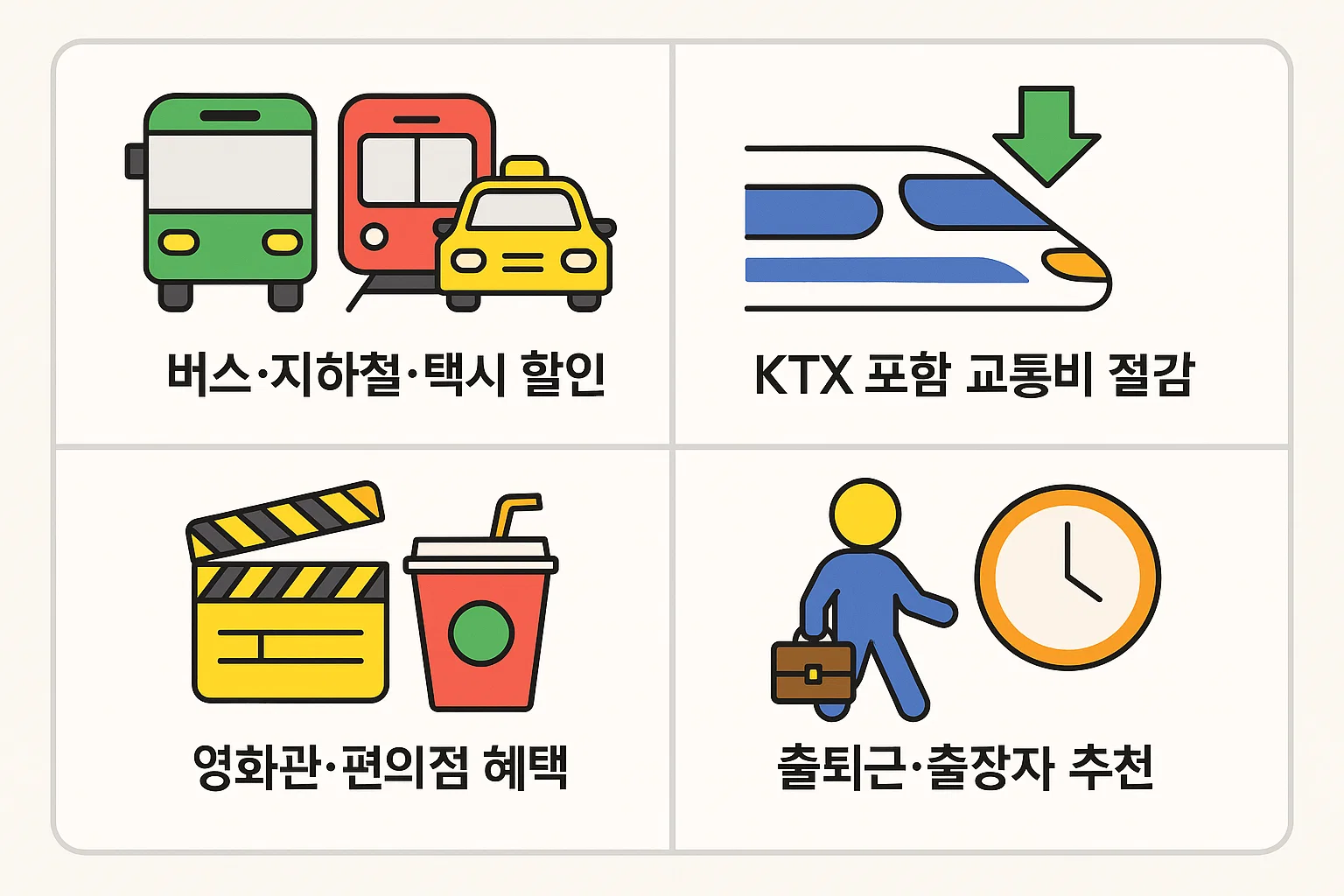 버스·지하철·택시·KTX 포함 교통비 할인, 영화관·편의점 혜택, 출퇴근·출장자에게 추천되는 교통비 절감형 신한 B.Big 카드 인포그래픽.