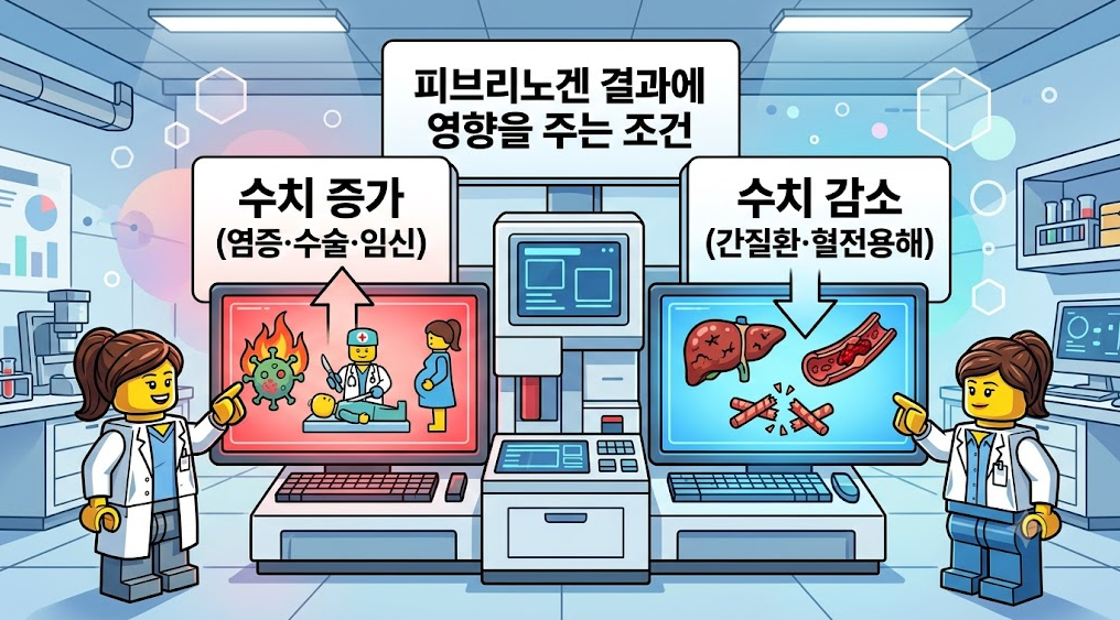 피브리노겐 검사 결과에 영향을 주는 조건으로 수치 증가 원인과 수치 감소 원인을 설명하는 3D 레고 의료 인포그래픽