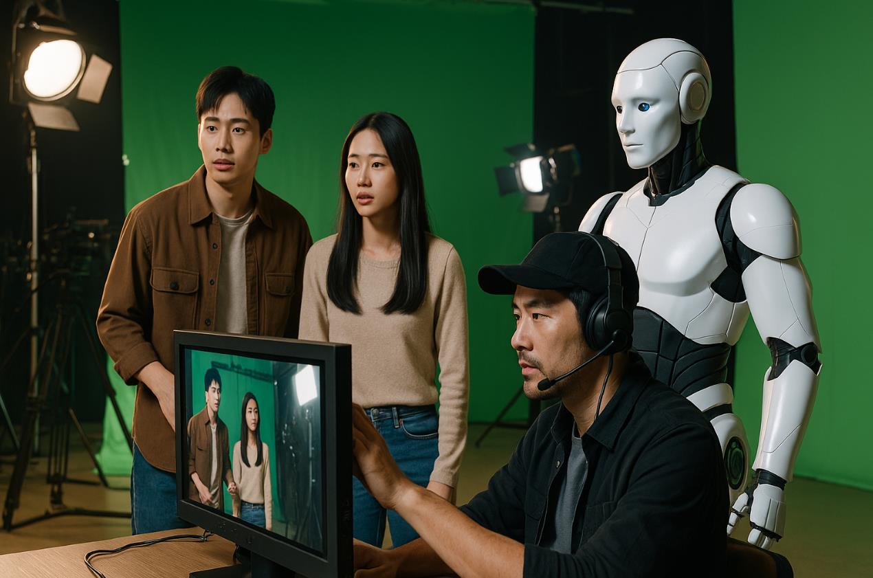 촬영 현장에서 배우&middot;감독&middot;AI 로봇이 함께 영화 제작에 참여하는 협력적 장면