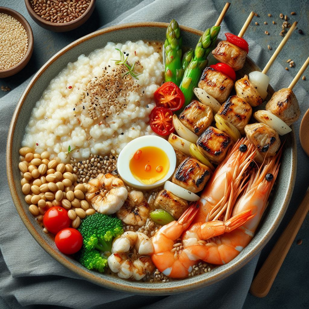 잡곡죽-닭꼬치-새우볶음