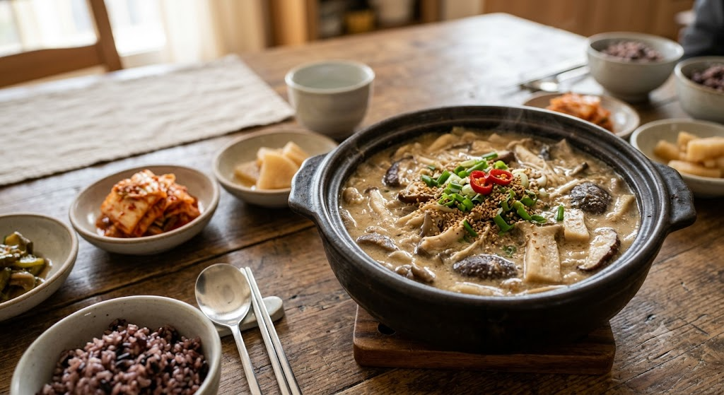 한국 전통 뚝배기에 담겨 보글보글 끓고 있는 구수하고 걸쭉한 버섯들깨탕. 표고버섯, 새송이버섯 등 다양한 버섯이 풍성하게 들어있고, 들깨가루와 찹쌀가루가 녹아든 우윳빛의 진한 국물 위로 들기름의 고소한 윤기가 감도는 먹음직스러운 모습.