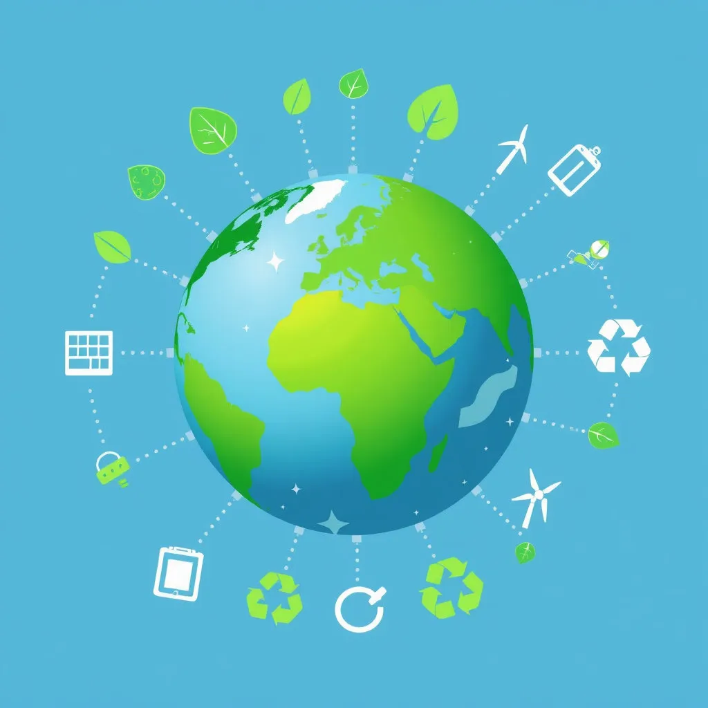 여러 대륙이 연결된 지구본 위에 친환경 아이콘들이 배치되고, 점선으로 된 연결망이 형성되어 있습니다. 각국의 협력과 연대를 상징하며, 국제적인 연대의 중요성을 강조합니다.