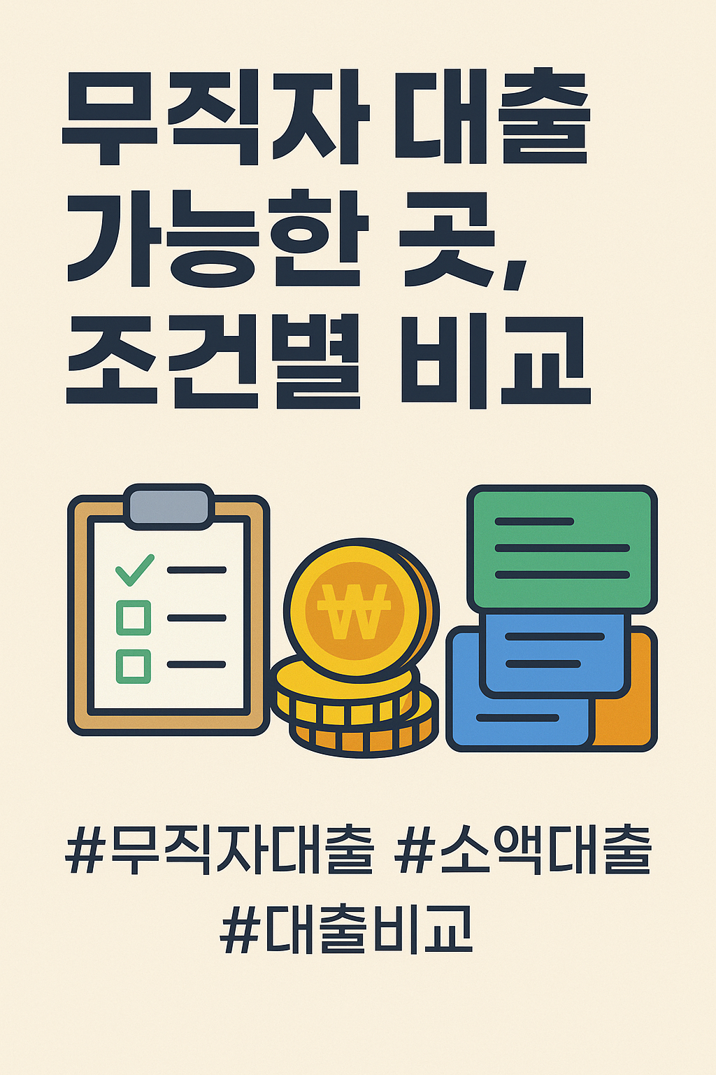 무직자 대출 가능한 곳, 조건별 비교&rdquo;라는 문구와 함께 체크리스트, 금화, 카드 정보 아이콘이 나열된 모바일 최적화 인포그래픽 이미지.