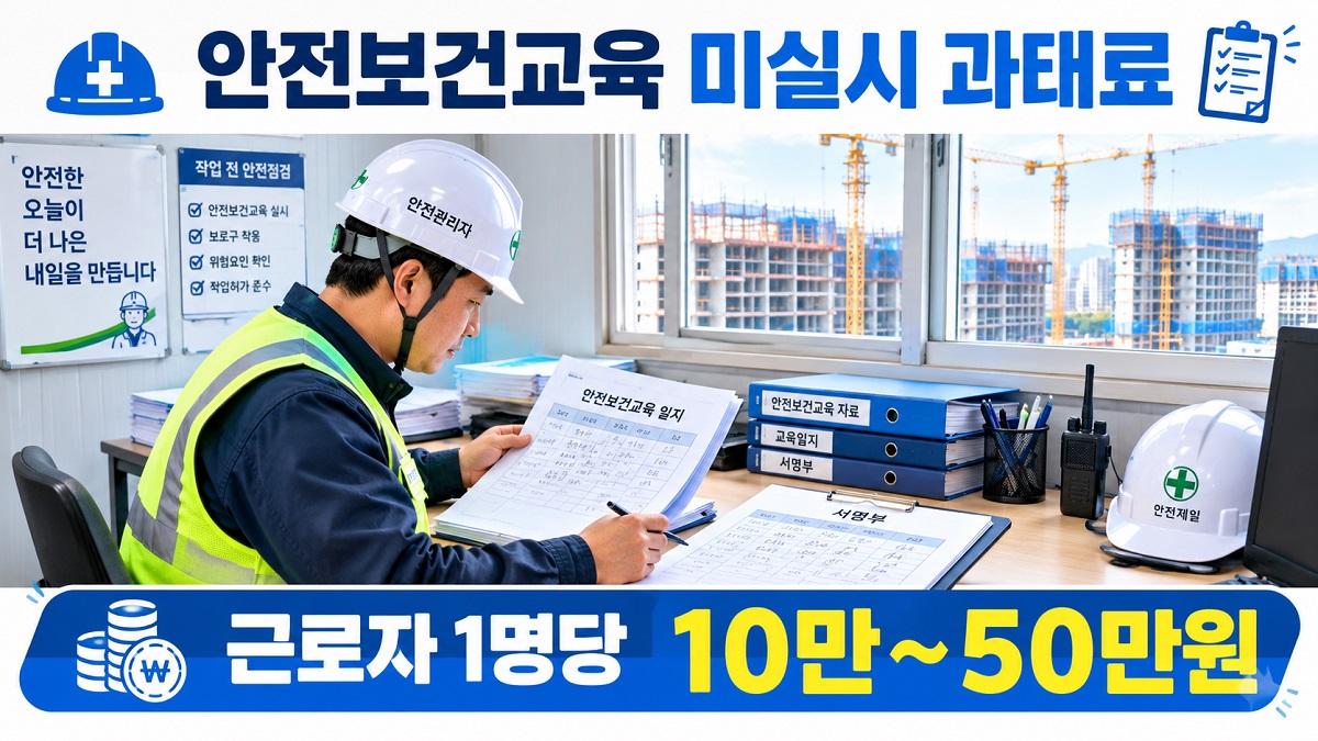 건설현장 안전관리자가 안전보건교육 일지와 근로자 서명부를 확인하는 모습