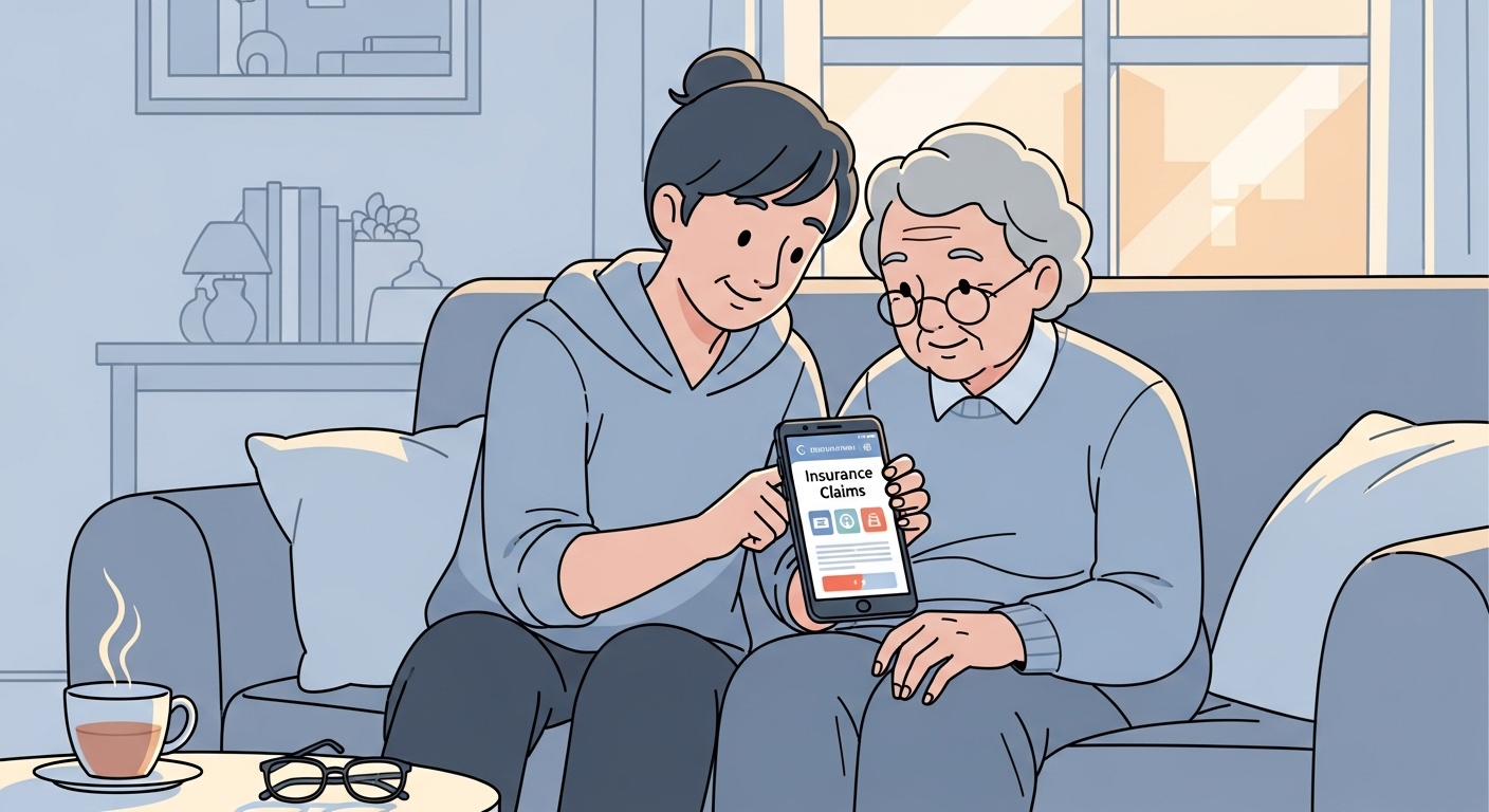 자녀가 부모님에게 스마트폰으로 실손보험 청구하는 방법을 친절하게 가르쳐주는 모습