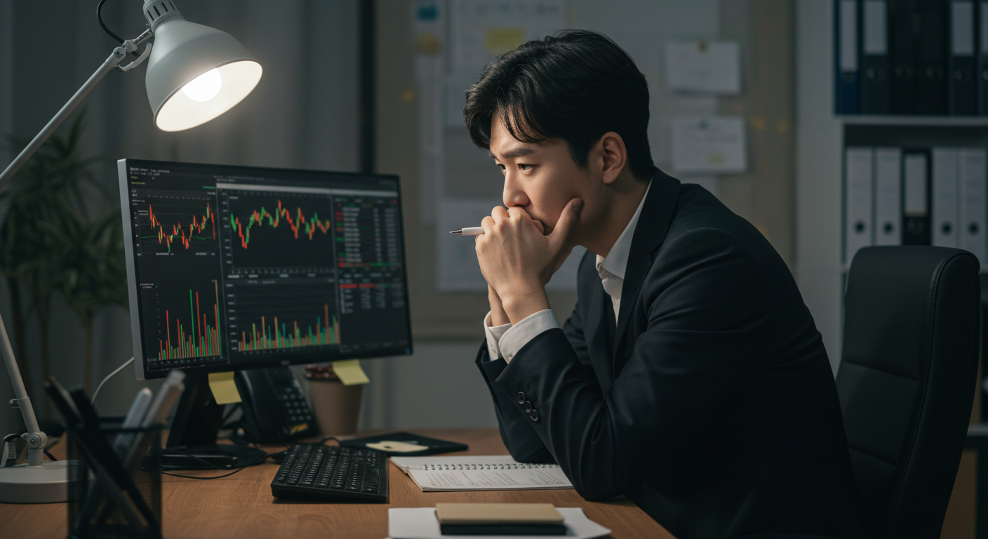 감정 조절과 손절 타이밍을 고민하는 한국 주식 투자자의 모습