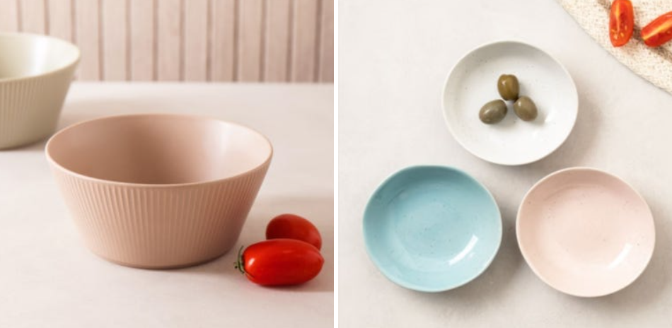 다이소에서 판매하는 분홍빛 파스텔 톤의 스톤웨어 그릇과 방울토마토를 활용한 감성 식기 이미지
