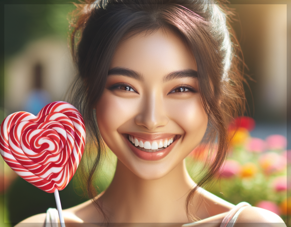 화이트데이에 사탕 받고 웃고 있는 여성