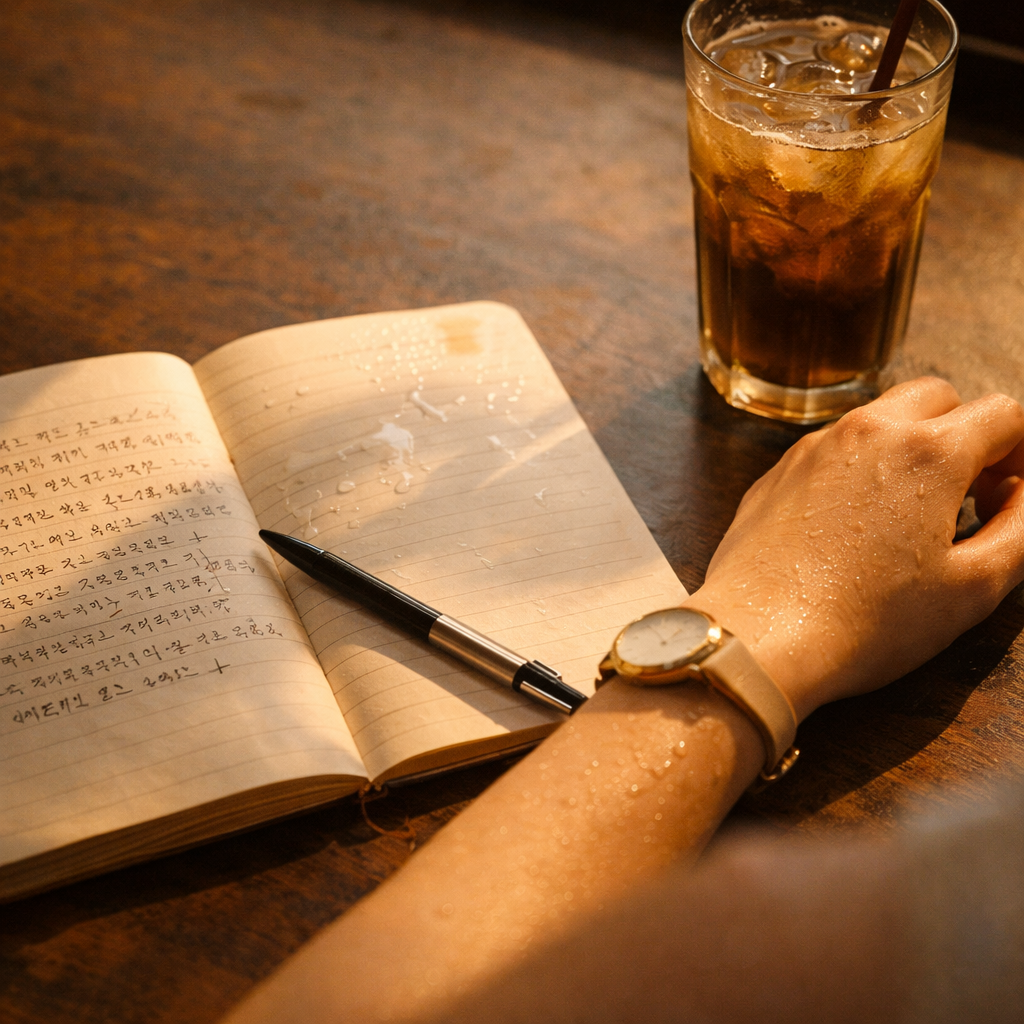 땀방울 맺힌 손목시계와 한글 노트, 베트남 카페 테이블 위 아이스 음료