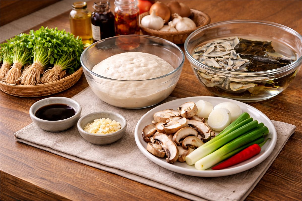 냉이수제비를 만들 재료를 넓게 담은 상차림 장면 