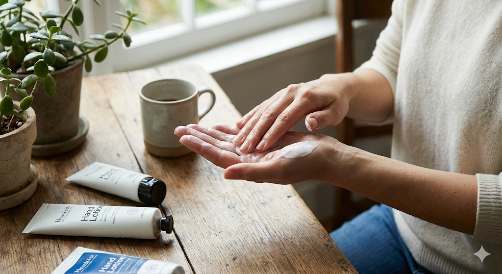 손에 핸드크림을 바르며 보습 관리하는 모습