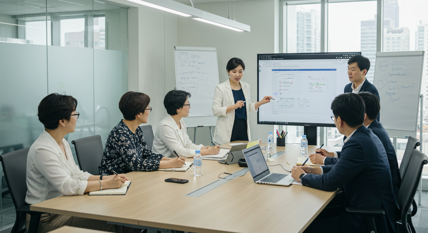 회의실에서 모여 의논하는 모습