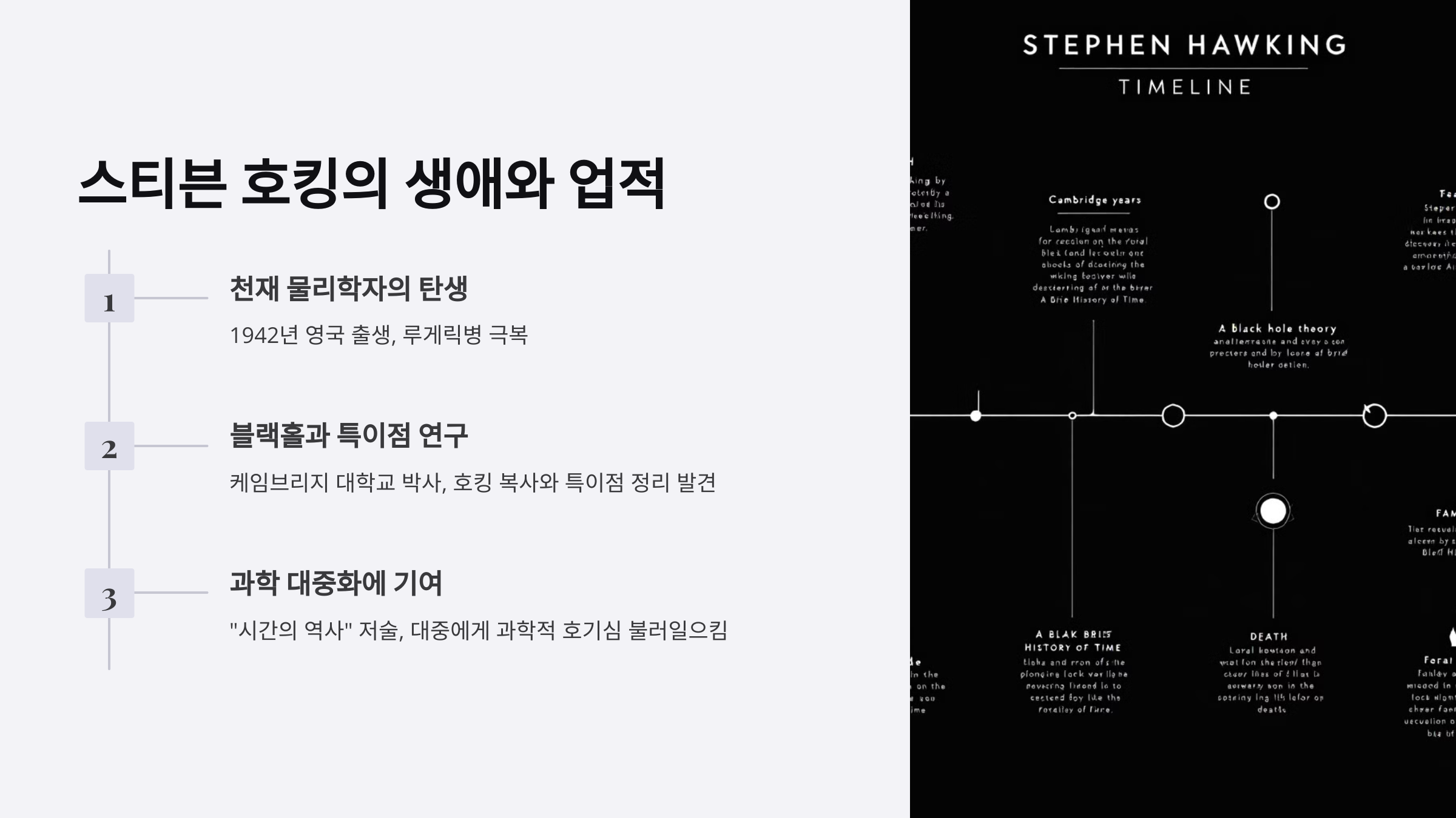 alt=스티븐 호킹의 블랙홀과 특이점연구