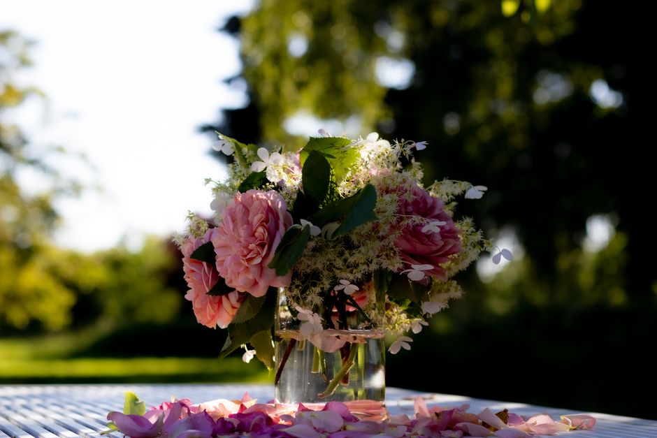 Elegant bouquet with pink roses and hydrangeas in a sunlit garden scene.