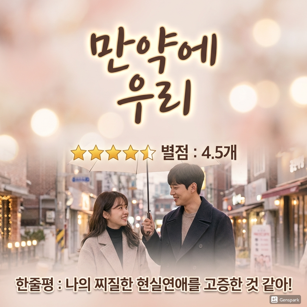 연인들이 데이트를 하는 배경사진, 영화제목:만약에 우리, 별점, 한줄평이 삽입된 이미지