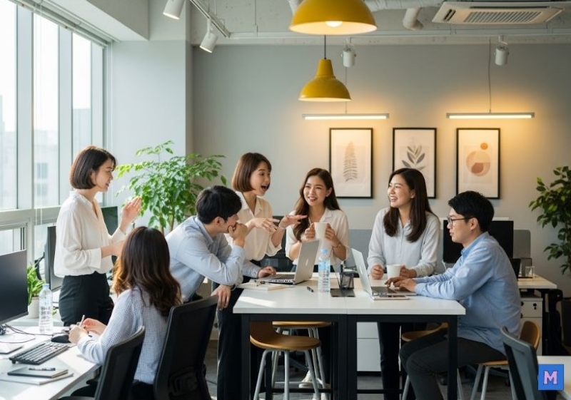 현대적인 회의실에서 HR 담당자와 직원들이 정규직 전환 고용지원금에 대해 논의하고 있는 모습 via canva