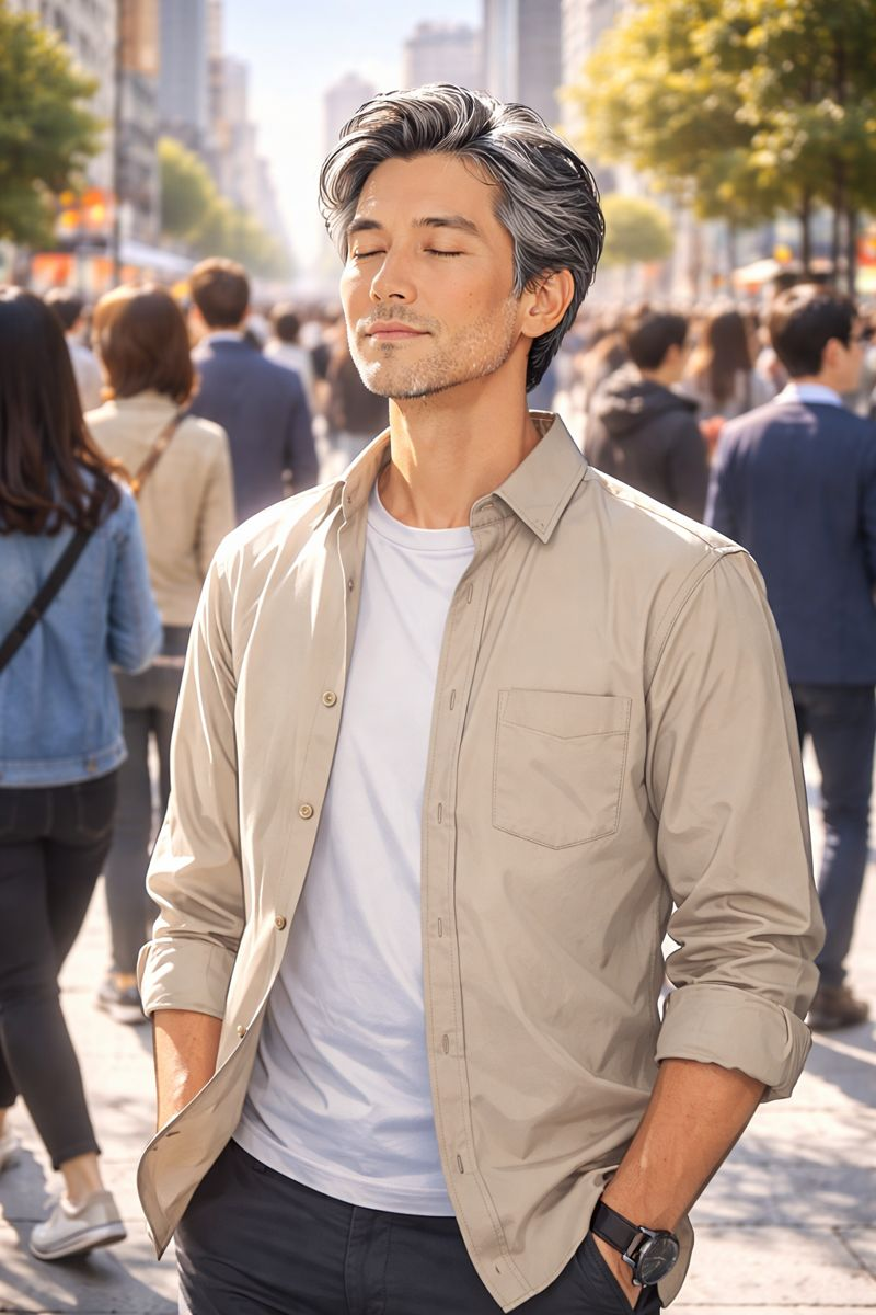 중년의 사람이 잠시 멈추고 명상하는 이미지