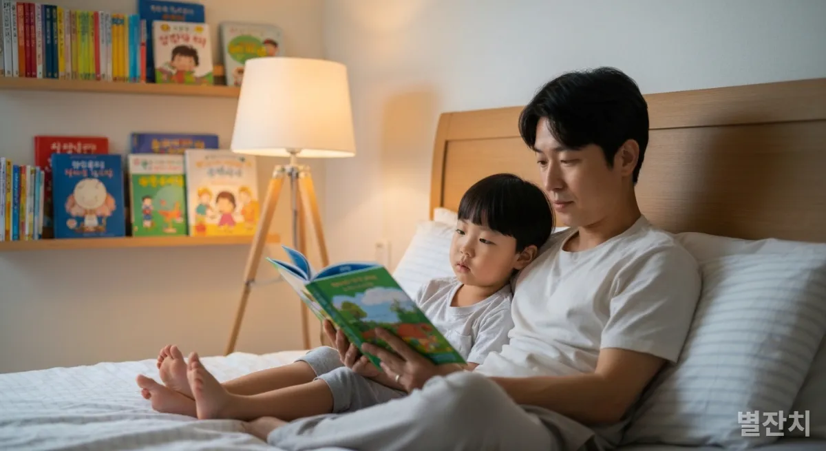 한국 부모가 아이에게 침대에서 동화책을 읽어주는 모습