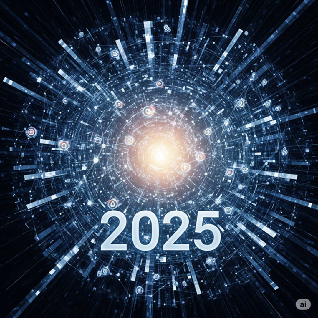 2025라는 숫자가 빛나는 중심부에 위치하고, 주변으로 다양한 기술 아이콘과 데이터 흐름을 나타내는 선들이 방사형으로 뻗어나가 2025년 IT 기술 트렌드의 핵심적인 변화와 역동성을 상징적으로 보여주는 이미지.