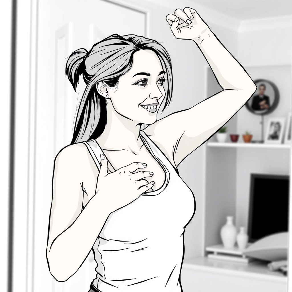 집에서 유방자가검진을 하고 있는 젊은 여성의 일러스트 이미지