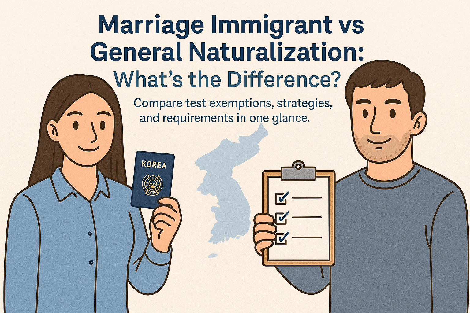 “Cartoon-style infographic comparing marriage immigrants and general naturalization applicants in Korea. A woman holds a Korean passport, and a man holds a checklist, with the Korean peninsula silhouette in the background and English text highlighting key differences.”