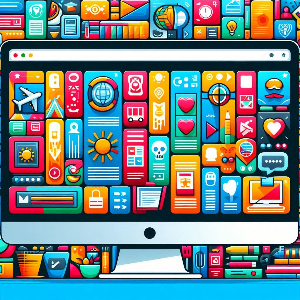 화면 외곽에도 다양한 아이콘 및 그래픽 요소가 장식처럼 배치되어 있음