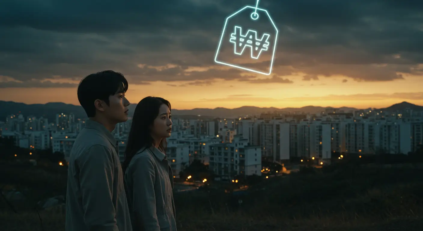 서울의 아파트 단지와 거대한 가격표를 보며 무자본 주택 구입을 고민하는 젊은 부부