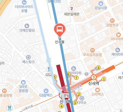 신사동에서 인천공항 리무진 공항버스(6009번) 지도 위치