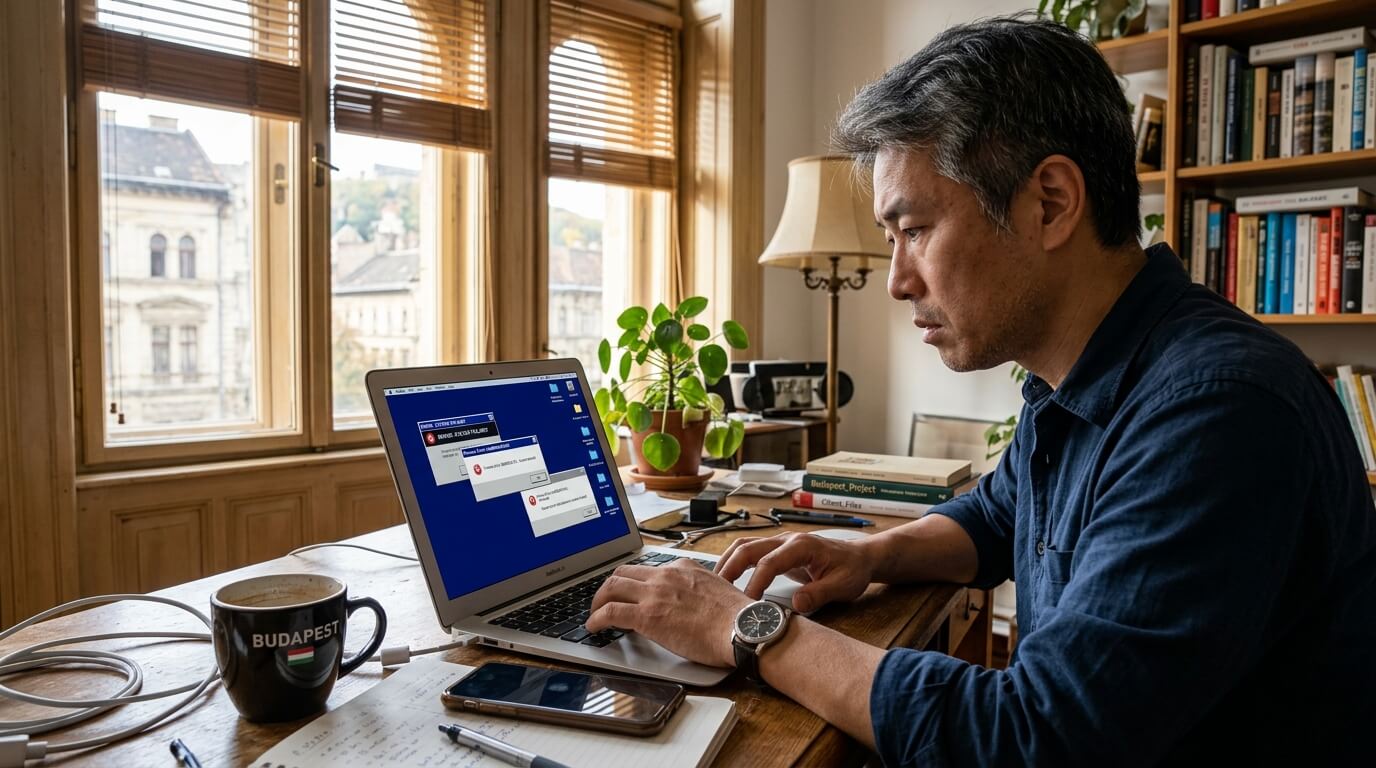 화상 미팅 중 노트북 화면에 오류 메시지가 뜬 상태에서 다른 폴더를 급히 여는 남성의 손