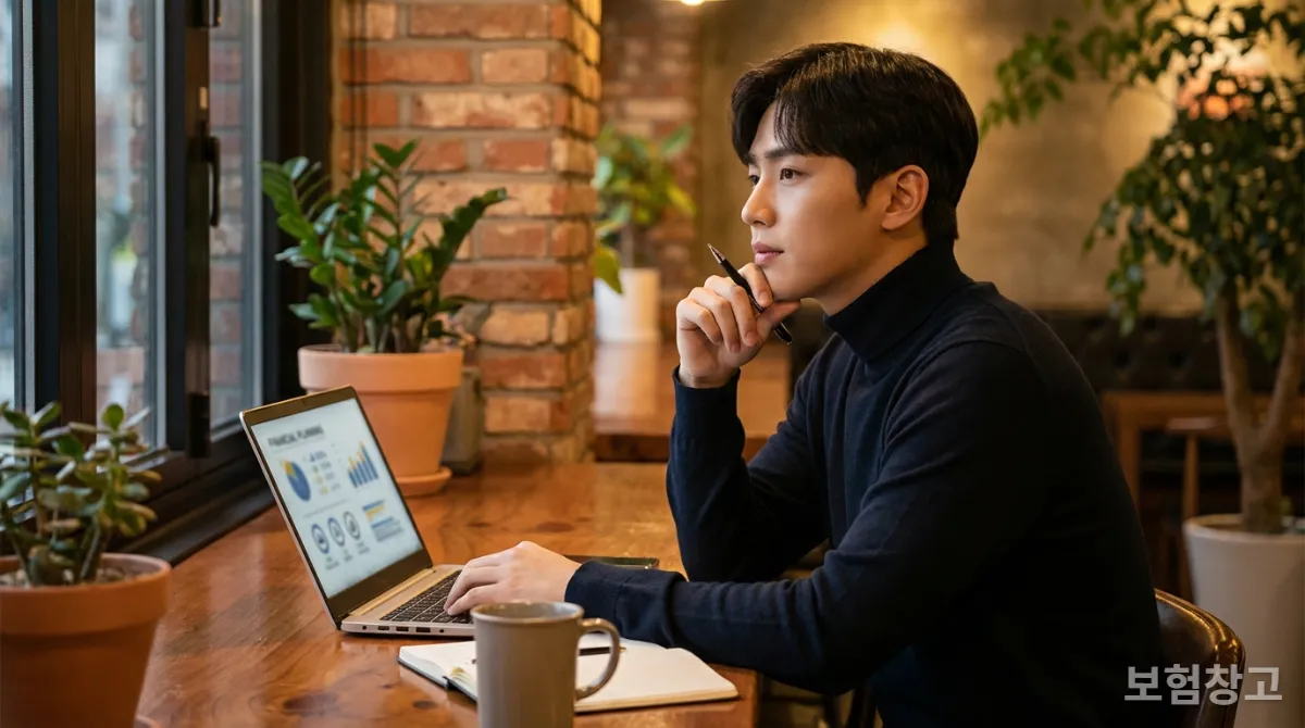 카페에서 미래 재정 계획을 고민하는 한국 청년