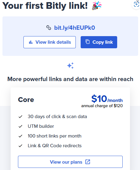 Bitly 홈페이지에서 URL 단축 결과