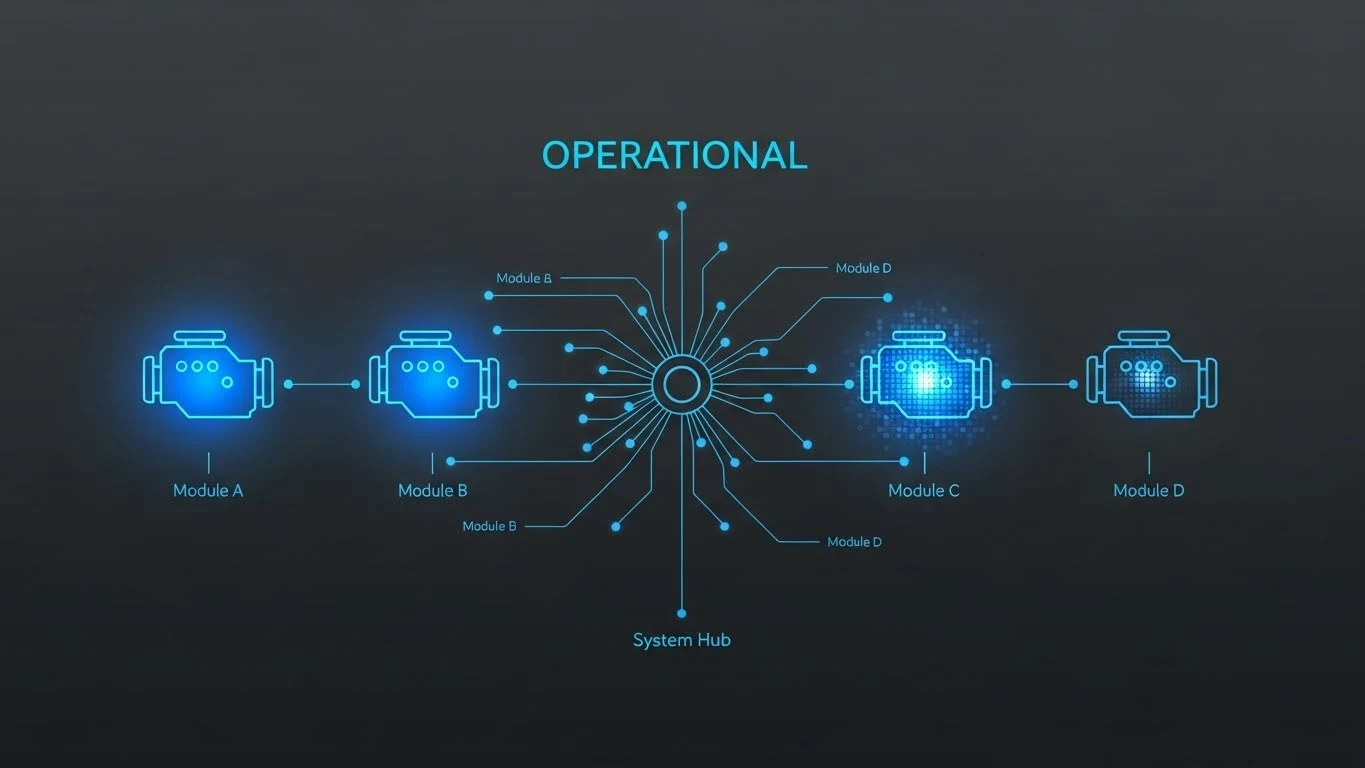 4개의 엔진 중 3개가 작동하여 전체 시스템이 정상 운영되는 n중k 구조의 원리를 보여주는 다이어그램. 고장 허용 시스템의 높은 신뢰도를 상징적으로 표현.