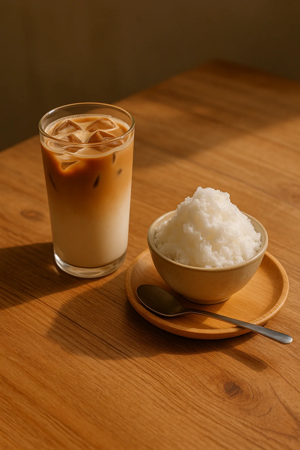 카페 디저트 세트 이미지, 아이스라떼와 미니 빙수, 원목 테이블 위의 브런치 무드 이미지