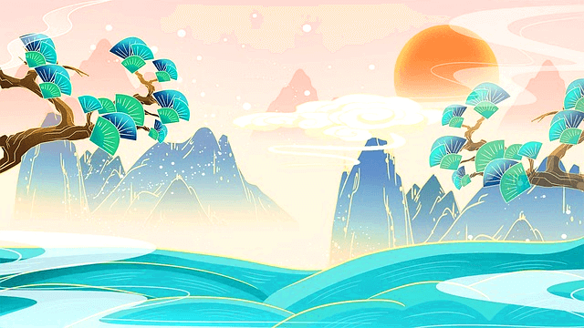 중국 자연 풍경을 그린 그림이다. 나무들과 호수가 보인다. 오른쪽 하늘엔 붉은 노을이 떴다.