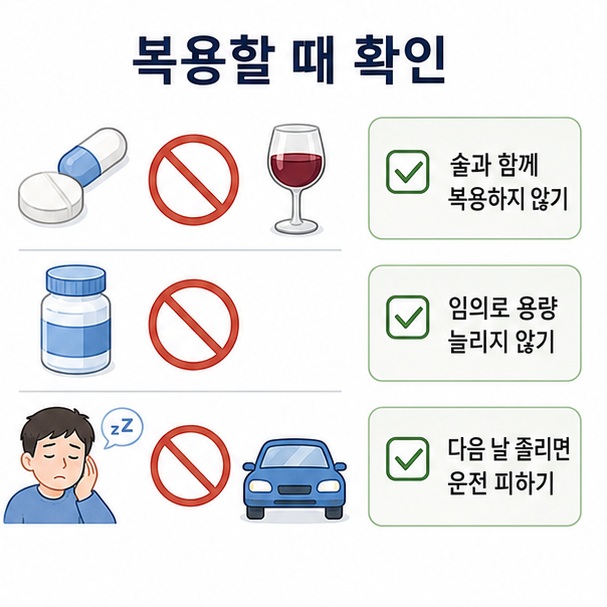 수면제를 술이나 다른 졸림 유발 약물과 임의로 함께 먹지 않고 다음 날 졸리면 운전을 피하는 주의사항을 정리한 이미지