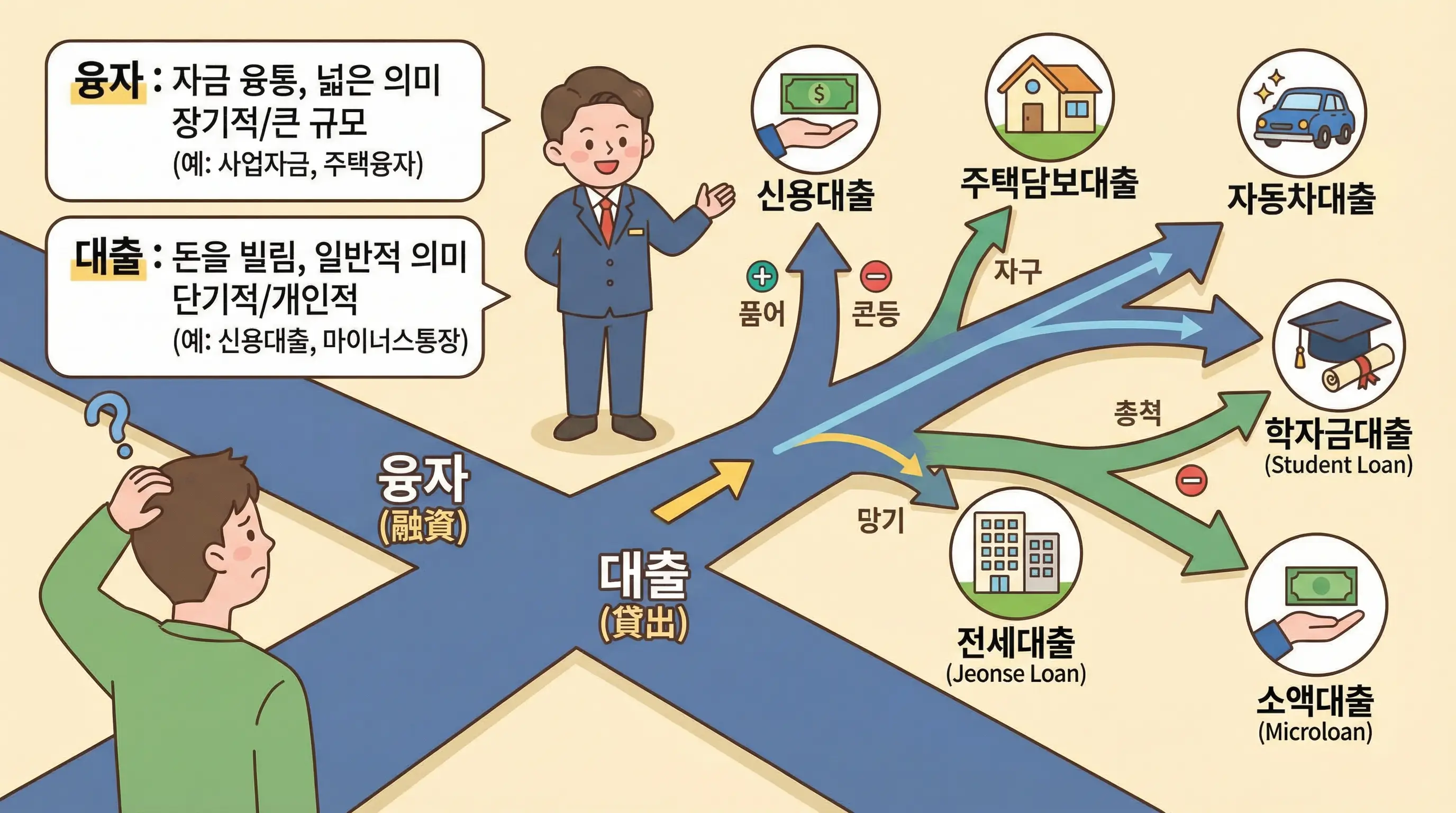 융자와 대출의 차이를 궁금해하는 사람과 다양한 금융 상품의 갈림길을 보여주는 인포그래픽