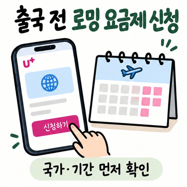 휴대폰의 해외 로밍 신청 화면과 달력을 함께 보여주며 출국 전 요금제를 신청하는 과정을 설명하는 카드