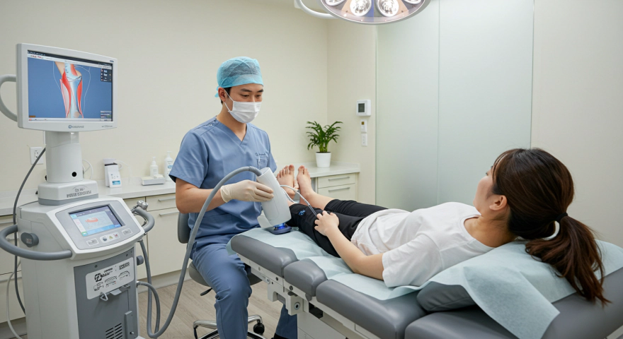 병원에서 족저근막염 환자가 체외충격파 치료를 받는 장면