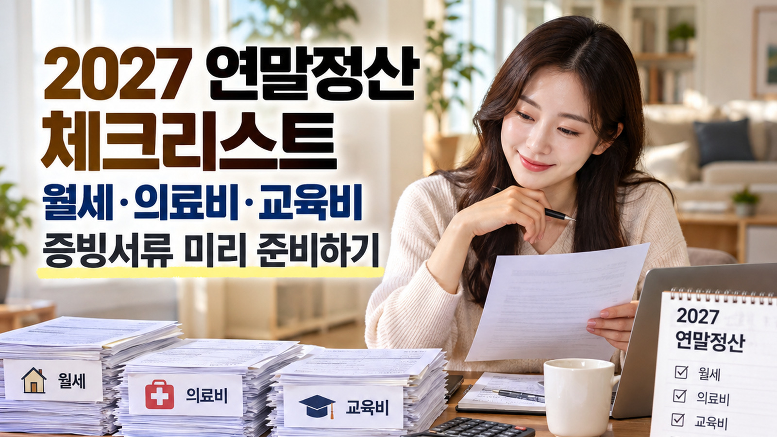 밝은 집 안에서 여성이 2027년 연말정산 준비 서류를 살펴보고 월세&middot;의료비&middot;교육비로 나눈 문서 더미와 계산기를 확인하는 모습