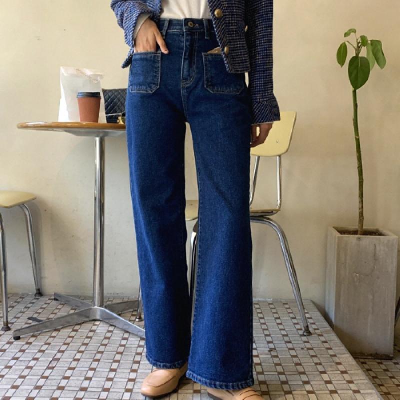 앞포켓 와이드 청바지 스판 허리밴딩 여자 겨울 봄 간절기 데님 팬츠