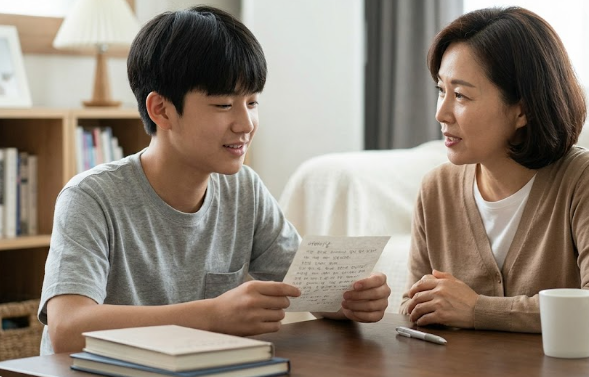 사춘기 아들이 어버이날 편지를 들고 미소를 지으며 엄마와 따뜻하게 눈을 맞추고 대화하는 모습
