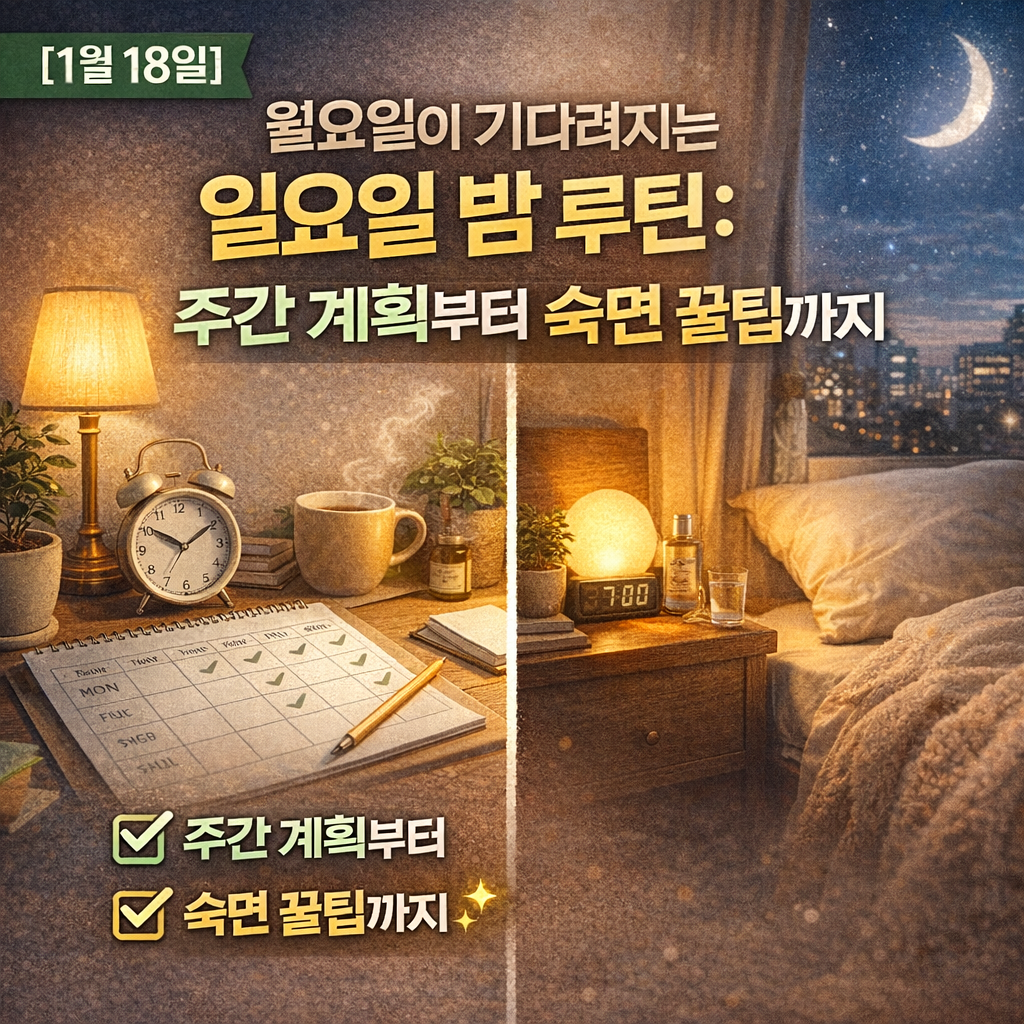 [1월 18일] 월요일이 기다려지는 일요일 밤 루틴: 주간 계획부터 숙면 꿀팁까지
일요일 밤 루틴, 월요병 극복법, 주간 계획 세우기, 숙면 돕는 차, 일요일 저녁 메뉴, 2026년 1월 셋째 주, 직장인 자기계발, 불면증 해소, 침구 정리, 내일 날씨 확인