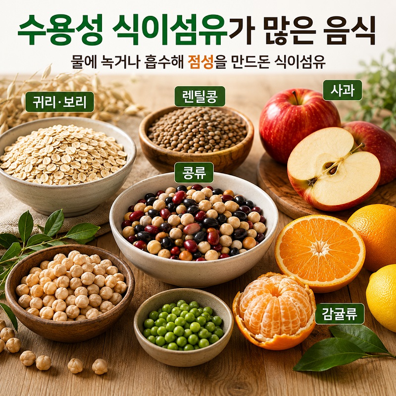 귀리와 보리, 콩, 렌틸콩, 사과와 감귤류 등 수용성 식이섬유 식품
