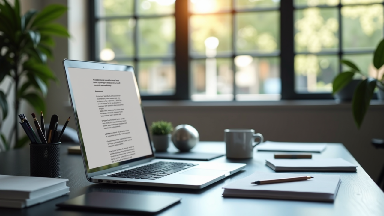 AI 프롬프트로 장문 비즈니스 보고서가 요약된 책상 위 노트북 화면과 주변 정리된 문서와 필기구가 놓인 모습