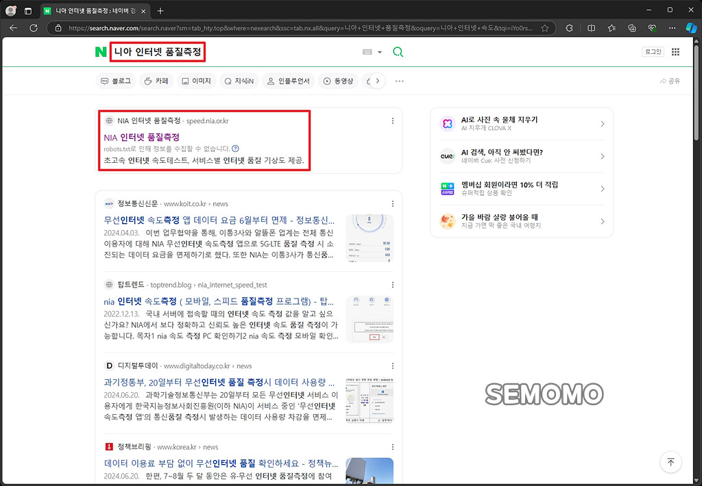 니아 인터넷 품질측정 검색