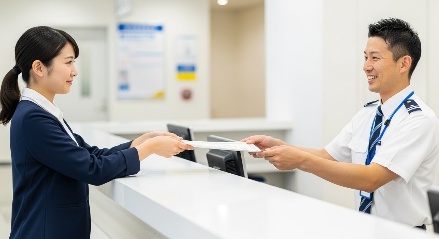 창구에서 보건증 발급 서류를 주고받는 모습