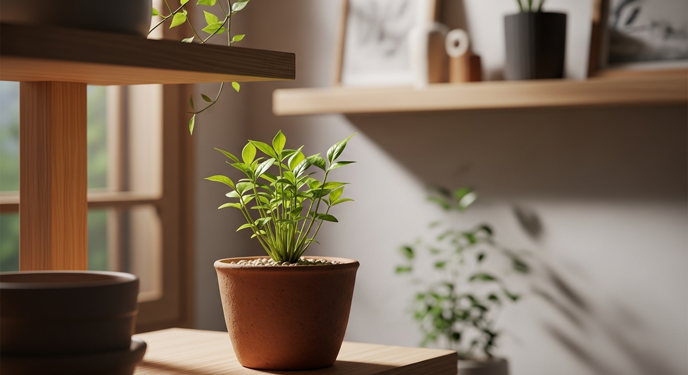 성장이 더딘 실내 식물이 놓인 모습