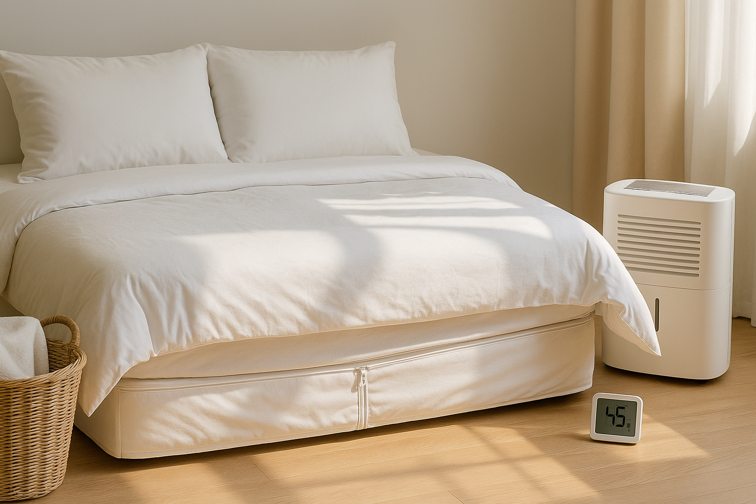 자연광이 드는 침실의 흰 침구와 방진 커버, 제습기와 습도계 45%