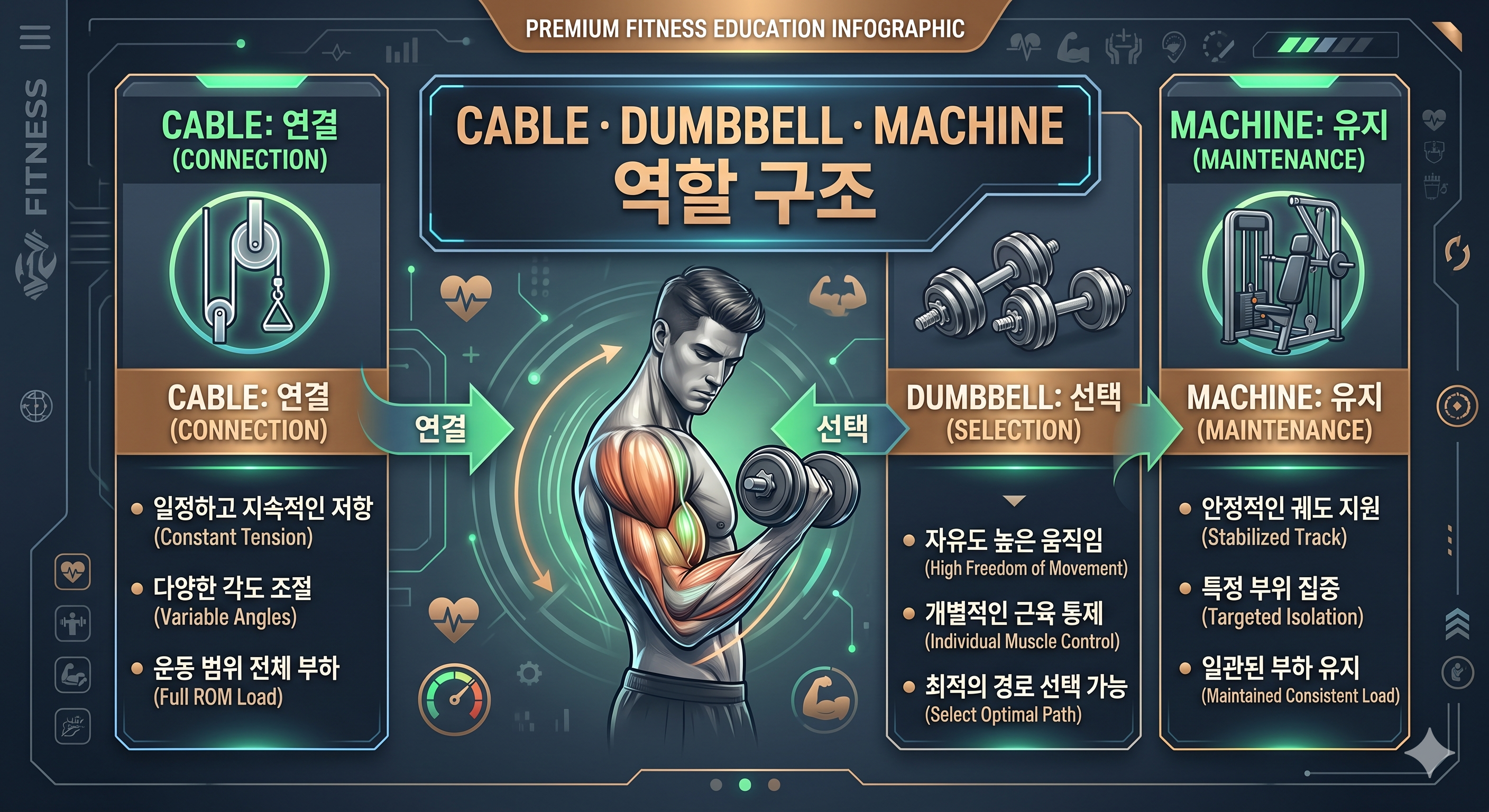 Cable · Dumbbell · Machine 역할 구조